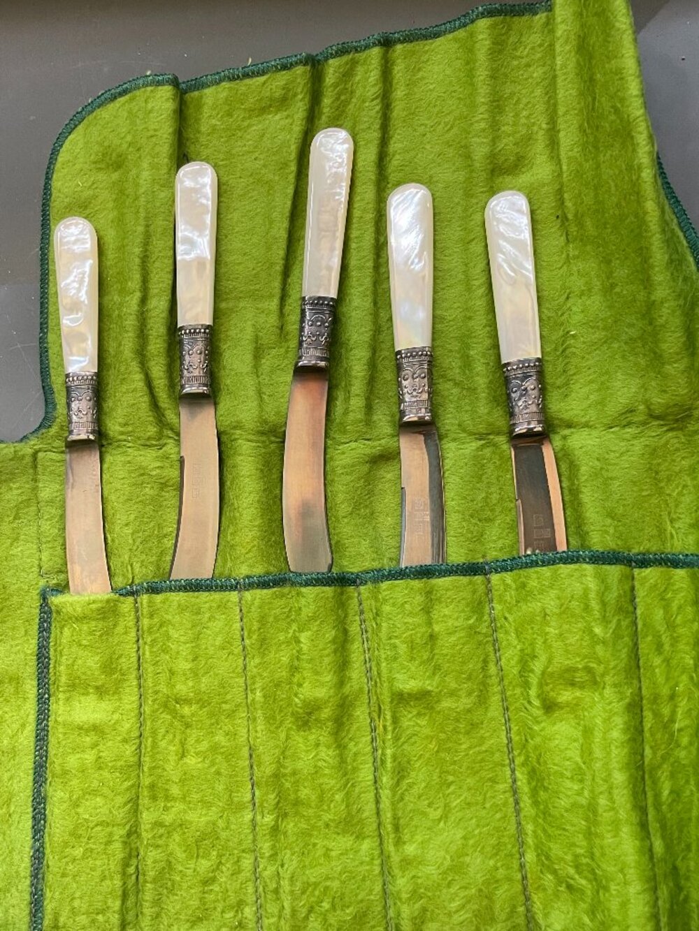 Vintage Mother of Pearl Butter Knives Set of 5 – Ornate Silver Ferrules + Case
